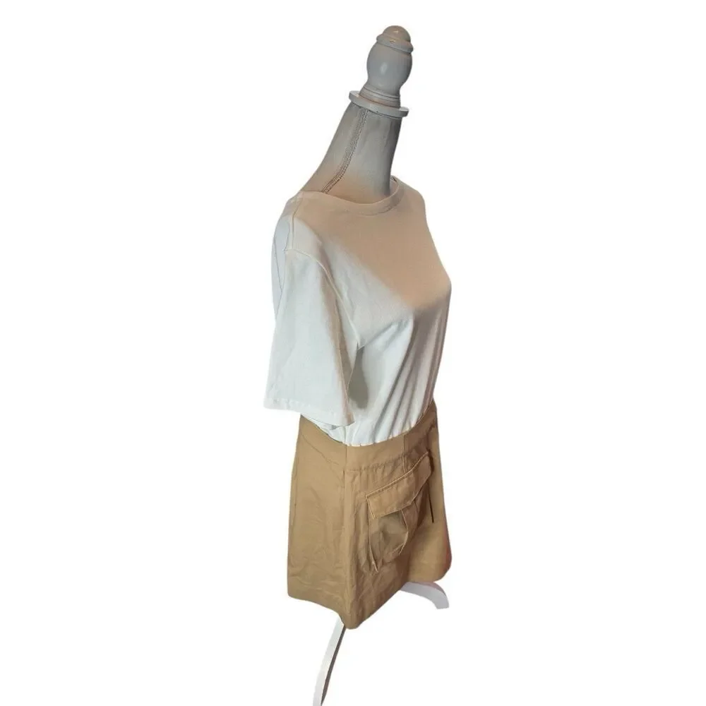 Veronica Beard Elowyn Mixed Media Dress Womens L White/Khaki Boat Neck Zip Snap